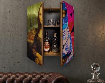 Wall Mounted Bar Cabinet with Lenticular Art Door | Statement Piece for Living Room or Man Cave