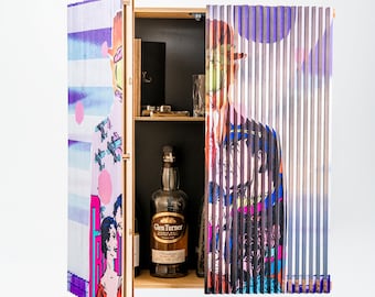 7th Wedding Anniversary Gift for Husband – Wall Mounted Hidden Bar with Custom Photo Art, Wooden Liquor Cabinet, 7 Year Copper Anniversary