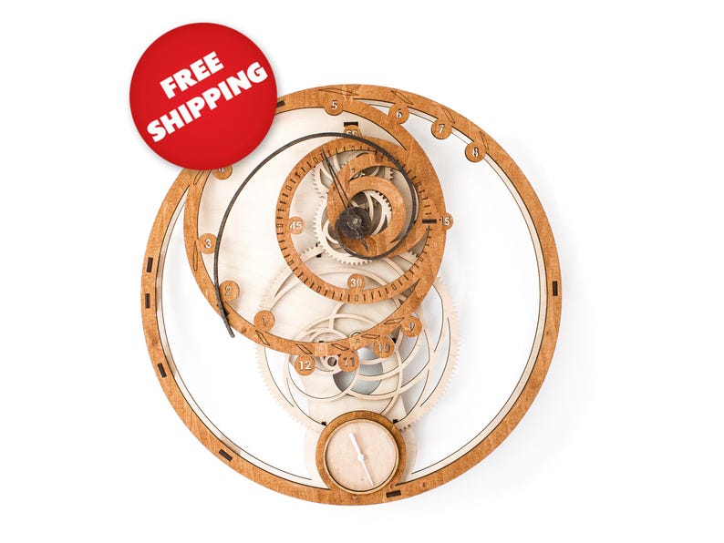 A wooden wall-mounted  DIY working clock puzzle featuring a fibonacci sequence. The puzzle consists of 46 parts and is 13 by 13 by 0.7 inches.