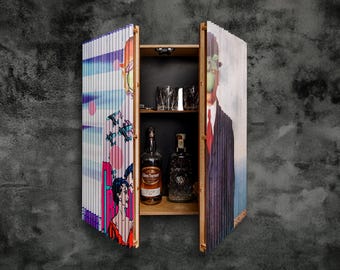 Whiskey Lover Wall Mounted Liquor Cabinet with Custom Lenticular Art | Father's Day Gift for Whiskey Lover