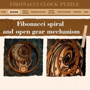 K&ouml;nnte beinhalten: Ein Bild, das ein Fibonacci-Uhr-Puzzle-Design zeigt. Das Bild zeigt zwei detaillierte Holzuhrmechanismen, einen in einer Spirale und den anderen mit offenen Zahnr&auml;dern. Der Text "Fibonacci spiral and open gear mechanism" wird angezeigt.