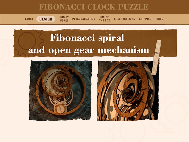 K&ouml;nnte beinhalten: Ein Bild, das ein Fibonacci-Uhr-Puzzle-Design zeigt. Das Bild zeigt zwei detaillierte Holzuhrmechanismen, einen in einer Spirale und den anderen mit offenen Zahnr&auml;dern. Der Text "Fibonacci spiral and open gear mechanism" wird angezeigt.
