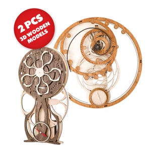 Set of 2 Wooden Clock Puzzles, Wood Clocks with Open Gear Design, 3D Puzzle Working Clock Set, DIY Mechanical Puzzle Kit, Gift for Him
