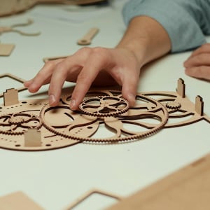 May include: A person assembling a wooden mechanical model. The model features intricate gear designs and circular components. The pieces are made of light brown wood and are being assembled on a white surface.