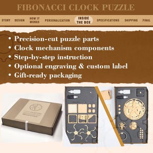 K&ouml;nnte beinhalten: Eine braune Schachtel mit Etikett und dem Text "Fibonacci Clock Puzzle" neben einer Darstellung von Puzzleteilen und Uhrwerkkomponenten. Das Bild zeigt auch den Text "Pr&auml;zisionsgeschnittene Puzzleteile" und "Geschenkfertige Verpackung".
