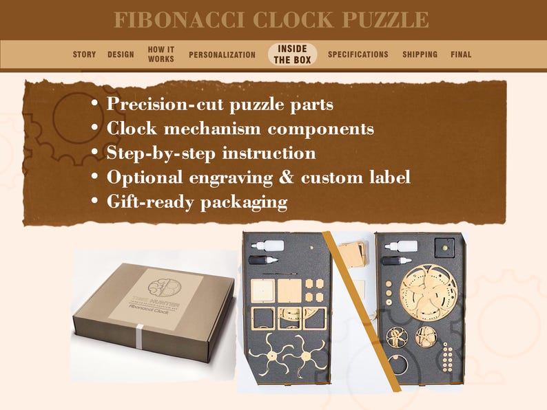 K&ouml;nnte beinhalten: Eine braune Schachtel mit Etikett und dem Text "Fibonacci Clock Puzzle" neben einer Darstellung von Puzzleteilen und Uhrwerkkomponenten. Das Bild zeigt auch den Text "Pr&auml;zisionsgeschnittene Puzzleteile" und "Geschenkfertige Verpackung".