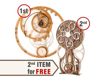 Set of 2 DIY Wooden Clock Kits | 3D Mechanical Puzzle Gear Art | Wood Construction Set: Fibonacci, Da Vinci, Avatar, Don Quixote, Hyperbole