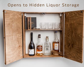 Wall Bar Cabinet – Hidden Liquor Storage with Custom Kinetic Art | Wooden Wall Mounted Bar for Man Cave