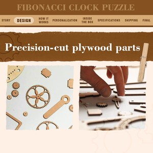 K&ouml;nnte beinhalten: Bild eines Fibonacci-Uhr-Puzzle-Designs. Das Bild zeigt pr&auml;zisionsgeschnittene Sperrholzteile, darunter Zahnr&auml;der, ein Schraubenschl&uuml;ssel und andere geometrische Formen. Der Text "Precision-cut plywood parts" wird angezeigt.