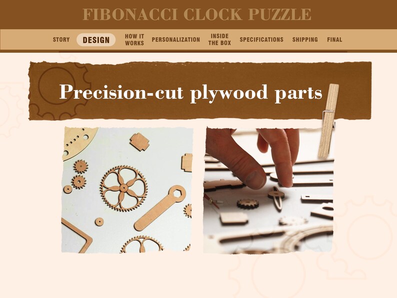 K&ouml;nnte beinhalten: Bild eines Fibonacci-Uhr-Puzzle-Designs. Das Bild zeigt pr&auml;zisionsgeschnittene Sperrholzteile, darunter Zahnr&auml;der, ein Schraubenschl&uuml;ssel und andere geometrische Formen. Der Text "Precision-cut plywood parts" wird angezeigt.