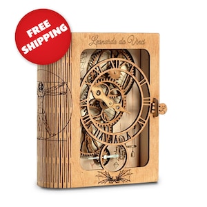 Da Vinci träklockpussel med öppen växelmekanism, 3D-pussel, gör-det-själv mekaniskt pusselkit med plastlock som tillval, högkvalitativ plywood