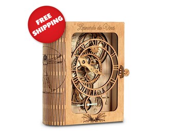 Da Vinci Wooden Clock Puzzle with Open Gear Mechanism, 3D Puzzle, DIY Mechanical Puzzle Kit with Plastic Cover Option, High-Quality Plywood