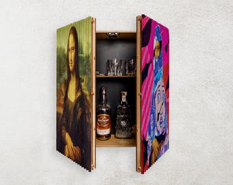 Wall Mounted Bar Cabinet with Lenticular Art Door | Statement Piece for Living Room or Man Cave