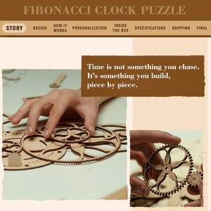 K&ouml;nnte beinhalten: Ein h&ouml;lzernes Fibonacci-Uhr-Puzzle mit ineinandergreifenden Zahnr&auml;dern. Das Bild zeigt H&auml;nde, die das Puzzle zusammensetzen, mit dem Text "Time is not something you chase. It's something you build, piece by piece."