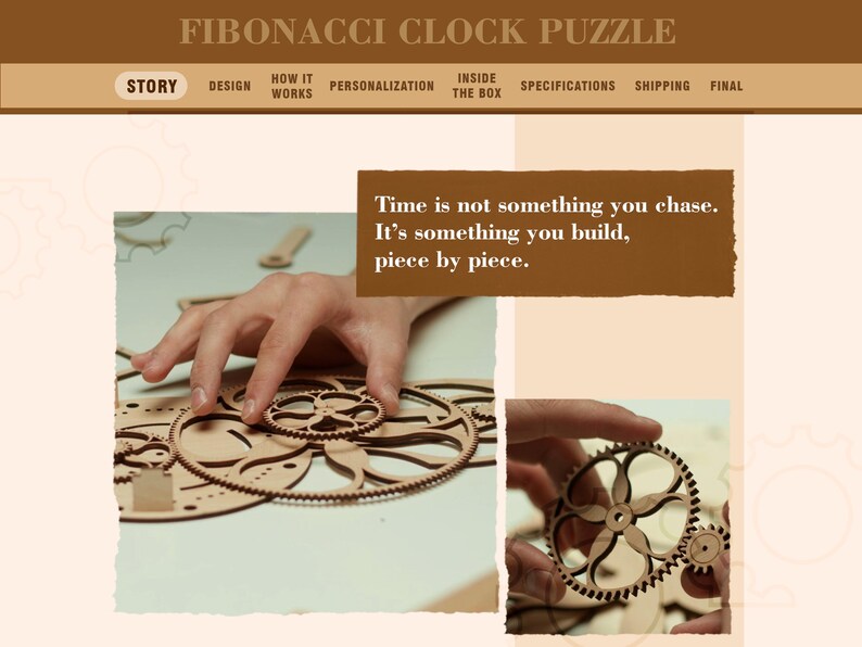 K&ouml;nnte beinhalten: Ein h&ouml;lzernes Fibonacci-Uhr-Puzzle mit ineinandergreifenden Zahnr&auml;dern. Das Bild zeigt H&auml;nde, die das Puzzle zusammensetzen, mit dem Text "Time is not something you chase. It's something you build, piece by piece."