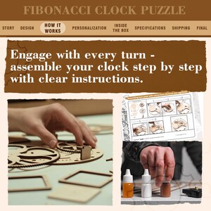K&ouml;nnte beinhalten: Ein Fibonacci-Uhr-Puzzle aus Holz mit dem Text "Engagieren Sie sich bei jeder Drehung - montieren Sie Ihre Uhr Schritt f&uuml;r Schritt mit klaren Anweisungen." Das Bild zeigt H&auml;nde, die die Uhr zusammenbauen.