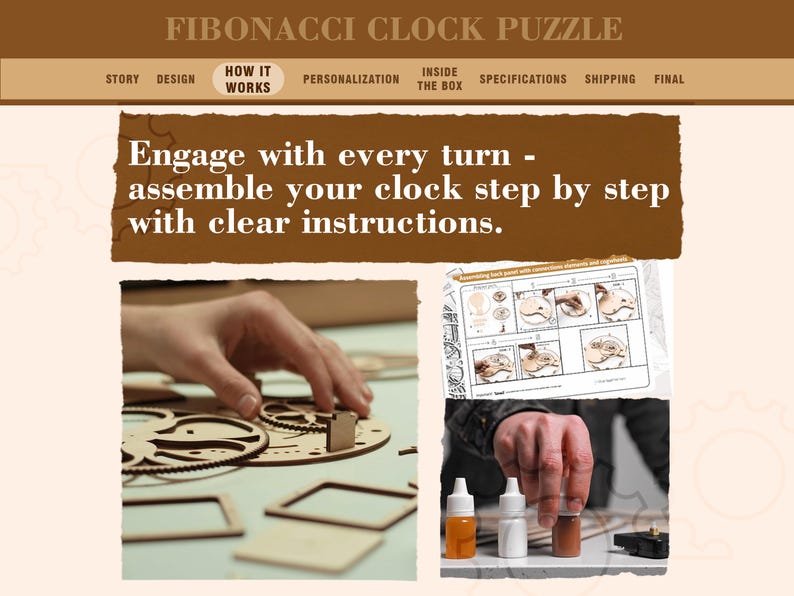 K&ouml;nnte beinhalten: Ein Fibonacci-Uhr-Puzzle aus Holz mit dem Text "Engagieren Sie sich bei jeder Drehung - montieren Sie Ihre Uhr Schritt f&uuml;r Schritt mit klaren Anweisungen." Das Bild zeigt H&auml;nde, die die Uhr zusammenbauen.