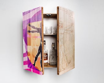 Wall Mounted Liquor Cabinet with Custom Printed Art – Hidden Bar with Magnetic Push Doors, Wooden Home Bar, Whiskey Cabinet, Cocktail Bar