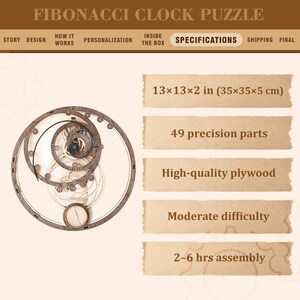 K&ouml;nnte beinhalten: Ein h&ouml;lzernes Fibonacci-Uhr-Puzzle mit kreisf&ouml;rmigem Design. Die Uhr misst 35x35x5 cm und verf&uuml;gt &uuml;ber 49 Pr&auml;zisionsteile. Das Puzzle besteht aus hochwertigem Sperrholz und hat einen moderaten Schwierigkeitsgrad mit einer Montagezeit von 2-6 Stunden. Der Text "FIBONACCI CLOCK PUZZLE" steht oben.