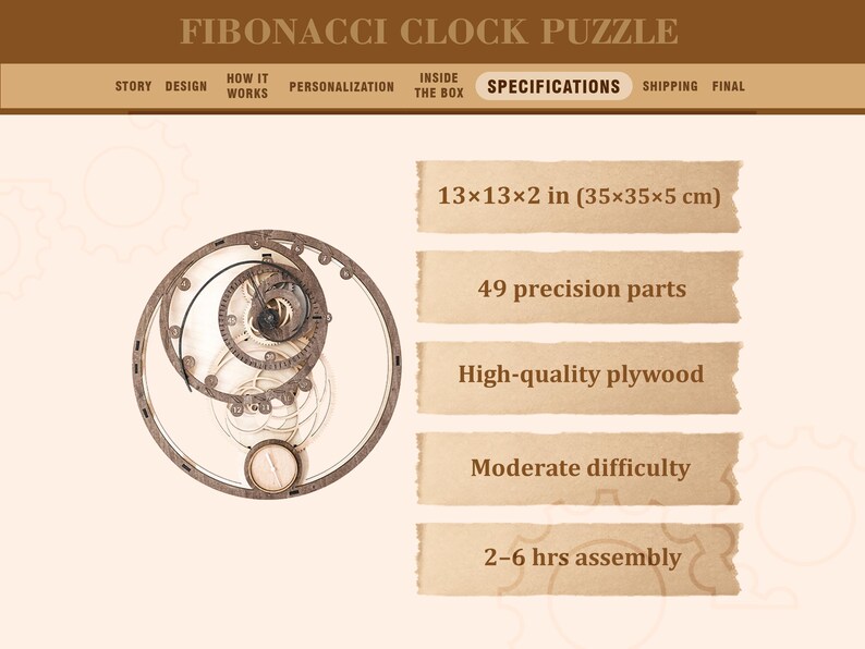 K&ouml;nnte beinhalten: Ein h&ouml;lzernes Fibonacci-Uhr-Puzzle mit kreisf&ouml;rmigem Design. Die Uhr misst 35x35x5 cm und verf&uuml;gt &uuml;ber 49 Pr&auml;zisionsteile. Das Puzzle besteht aus hochwertigem Sperrholz und hat einen moderaten Schwierigkeitsgrad mit einer Montagezeit von 2-6 Stunden. Der Text "FIBONACCI CLOCK PUZZLE" steht oben.