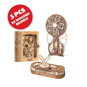 Set of 3 Wooden Clock Puzzles – DIY Open Gear Timepieces for Unique Home Decor, Motor Skills , Gift for Him, Projects for Adults, Family