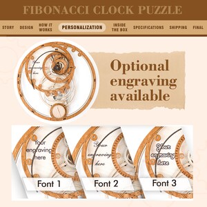 K&ouml;nnte beinhalten: Ein h&ouml;lzernes Fibonacci-Uhr-Puzzle mit kreisf&ouml;rmigem Design. Die Uhr verf&uuml;gt &uuml;ber komplizierte Zahnr&auml;der und den Text "Optionale Gravur verf&uuml;gbar". Drei Schriftoptionen werden zur Personalisierung angezeigt. Das Design der Uhr wird mit dem Text "Fibonacci Clock Puzzle" hervorgehoben.
