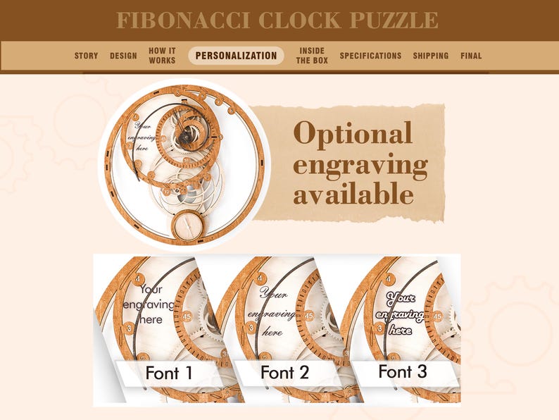 K&ouml;nnte beinhalten: Ein h&ouml;lzernes Fibonacci-Uhr-Puzzle mit kreisf&ouml;rmigem Design. Die Uhr verf&uuml;gt &uuml;ber komplizierte Zahnr&auml;der und den Text "Optionale Gravur verf&uuml;gbar". Drei Schriftoptionen werden zur Personalisierung angezeigt. Das Design der Uhr wird mit dem Text "Fibonacci Clock Puzzle" hervorgehoben.