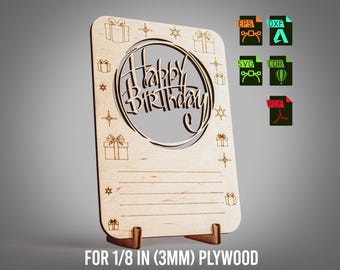 Happy Birthday Wooden Card Template, Laser Cut Greeting Card SVG, 3mm Plywood Gift Display Stand, Birthday Card Laser File, Digital Download