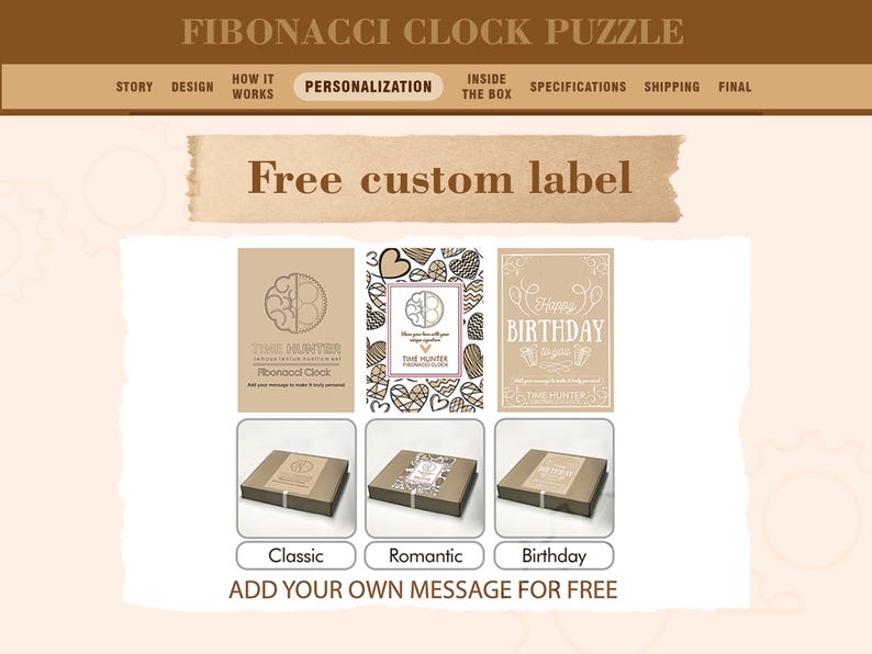 K&ouml;nnte beinhalten: Werbebild f&uuml;r ein Fibonacci-Uhr-Puzzle, das Personalisierungsoptionen zeigt. Es zeigt drei Etikettendesigns: Klassisch, Romantisch und Geburtstag, mit dem Text "Free custom label" und "Add your own message for free."