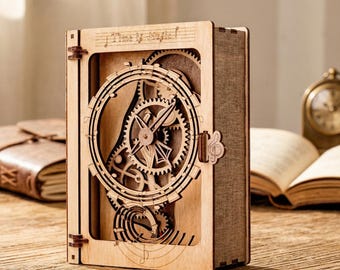 Harmony Book DIY Wooden Clock Kit | 3D Plywood Puzzle Music Box Style | Functional Quartz Clock Model | Personalized Laser Cut Gift for Him