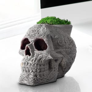 Kit de bricolage en carton pour casse-tête tête de mort – Sculpture 3D avec support caché | Décoration gothique | Art d'Halloween | cadeau écologique pour lui | Jardinière ou porte-stylo