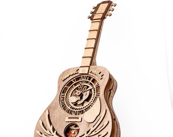 3D Wooden Guitar Puzzle Clock Kit | Steampunk Rock N Roll Wall Decor, DIY Mechanical Musician Puzzle, Unique Gift for Men Cave, Music Lovers