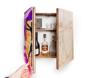 Vitruvian Man Hidden Wall Bar – Dark Wood Liquor Cabinet with UV Printed Art, Renaissance Inspired Wall Mounted Home Bar, Gift for Him
