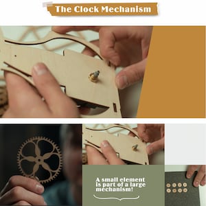 May include: Close-up of a wooden clock mechanism with a small metal screw. The text "The Clock Mechanism" is visible at the top of the image. A small wooden gear is shown in the lower left corner of the image. The text "A small element is part of a large mechanism!" is visible in the lower right corner of the image.