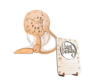 3D Wooden Clock Puzzle Kit: DIY Mechanical Model with Birthday Card