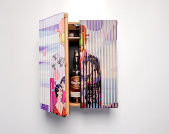 Printed Wall Liquor Cabinet  – Hidden Bar with Magnetic Push Doors, Wooden Home Bar, Whiskey Cabinet, Cocktail Bar, Personalized Print