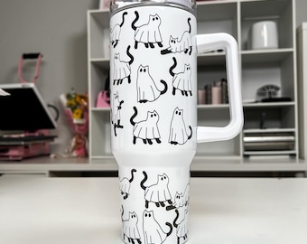 Vaso Ghost Cats de 40 oz: Refrescante de acero inoxidable de temporada espeluznante