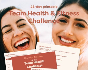 28 días de salud y fitness/Paquete de desafío de equipo imprimible. Hábitos saludables diarios, autocuidado, mindfulness, nutrición, actividad, gratitud.