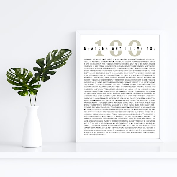 100 Reasons Why I Love You Minimal Print Instant Download Last Minute Gift Father's Day Mother's Day Valentine's Appreciation present Wall