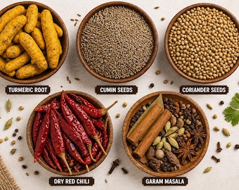 Whole Spices: Turmeric Root, Cumin, Coriander, Chili, Garam Masala | Authentic Indian Cooking