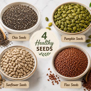 May include: A top-down shot showcases four bowls filled with seeds: chia, pumpkin, sunflower, and flax. Wooden scoops are placed near the bowls. The image includes text that reads "4 Healthy Seeds".