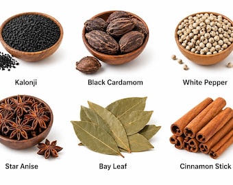 Whole Spices Selection: Kalonji, Cardamom, Pepper, Star Anise, Bay Leaf, Cinnamon