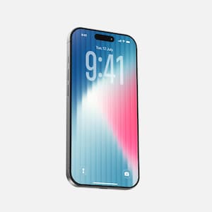 Puede incluir: Un smartphone plateado con una pantalla grande que muestra la hora 9:41 y la fecha martes 12 de julio. La pantalla tiene un fondo degradado azul, rosa y blanco. El teléfono está ligeramente inclinado hacia un lado.