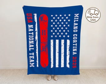 Winter sports blanket, USA Milan Cortina 2026 winter game sports throw, gift for winter sports lover, national flag blanket for snowboarder