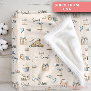 Coperta natalizia personalizzata per bambini, regalo per neonati con nome personalizzato, regalo personalizzato per baby shower, coperta per passeggino, decorazioni per la cameretta dei bambini, pupazzo di neve e orsetto