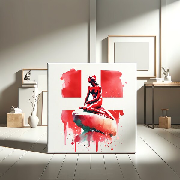 Little Mermaid Copenhagen Statue Art Modern Watercolor Print Abstract Danish Decor Red Splash Design Travel Lover Gift Minimalist Canvas