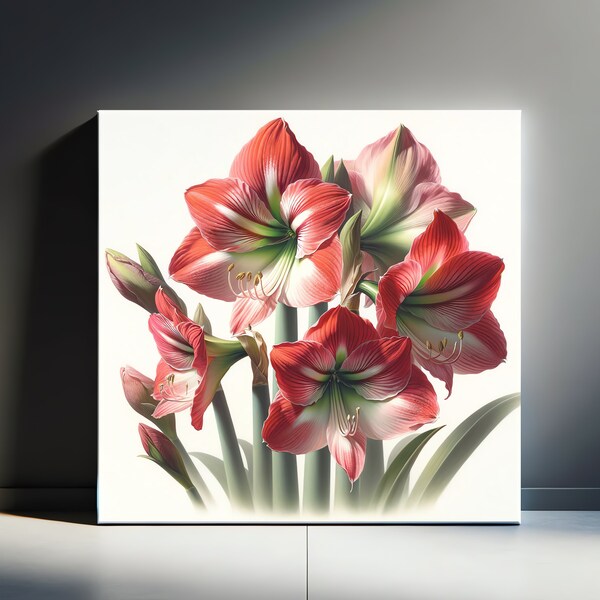 Stunning Amaryllis Canvas Print Striped Hippeastrum Blossom Bold Red and White Floral Decor Exotic Trumpet Flower Wall Illustration Elegant