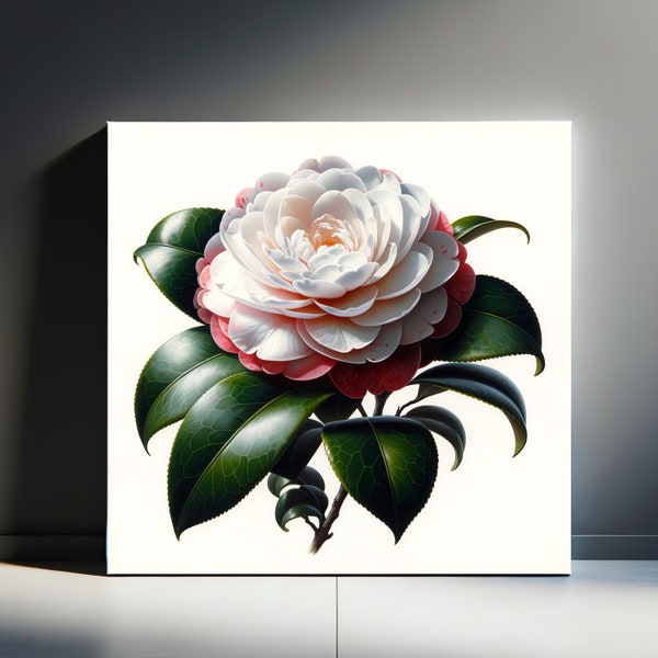 Exquisite Camellia Canvas Print Sublime Floral Artwork Blushing Petal Perfection Decor Lustrous Botanical Illustration peaceful Elegance Zen