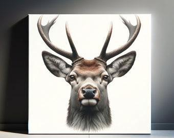 Majestic Stag Portrait Canvas Print Detailed Deer Artwork Rustic Lodge Decor Forest Animal Realistic Illustration Nature Lovers Wall Art Zen