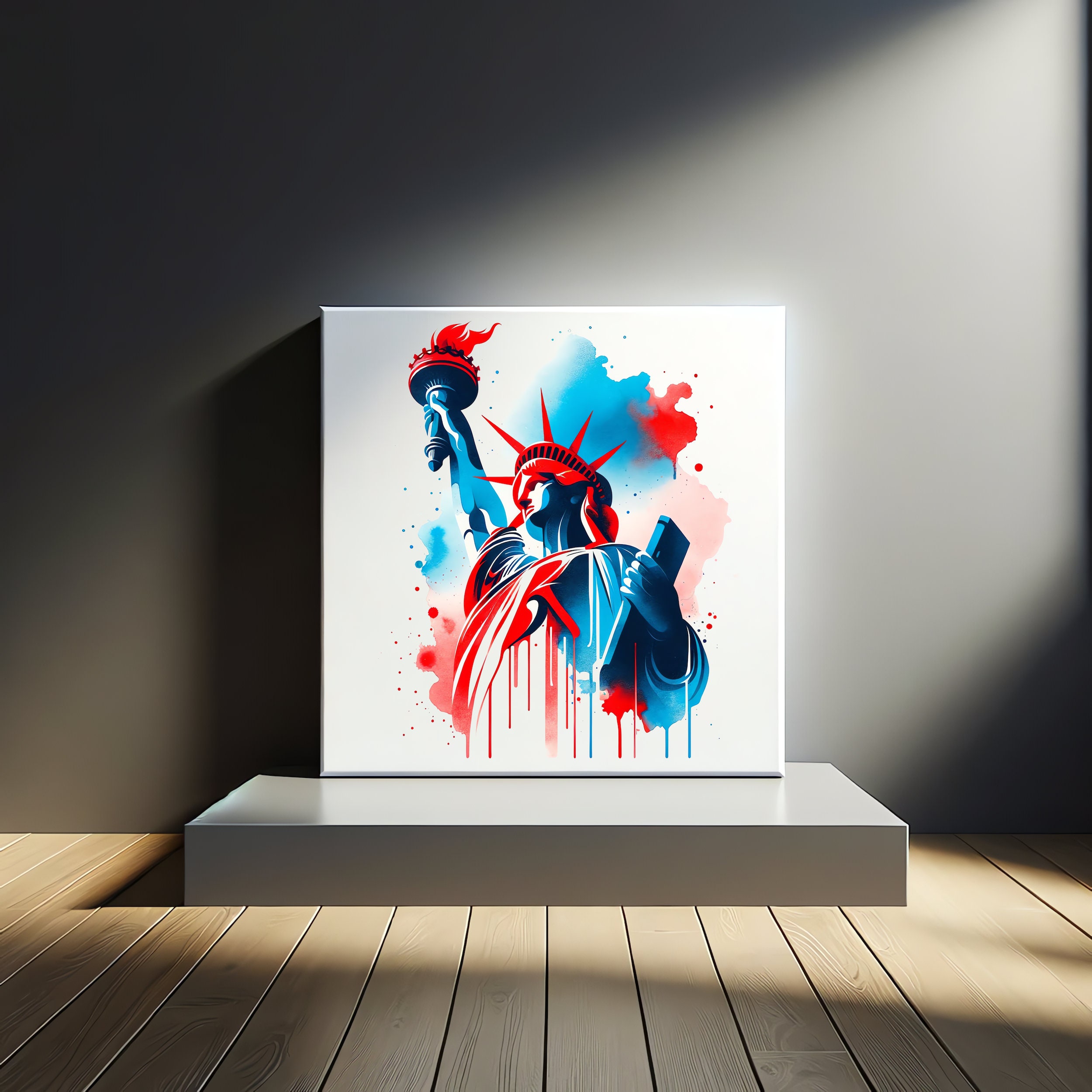 Statue of Liberty Watercolor Print, Patriotic Artwork Blue Red Wall Art